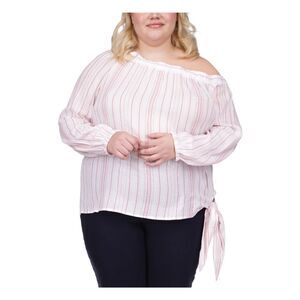 MICHAEL KORS Womens Pink Striped Long Sleeve Asymmetrical Neckline Top Plus 2X